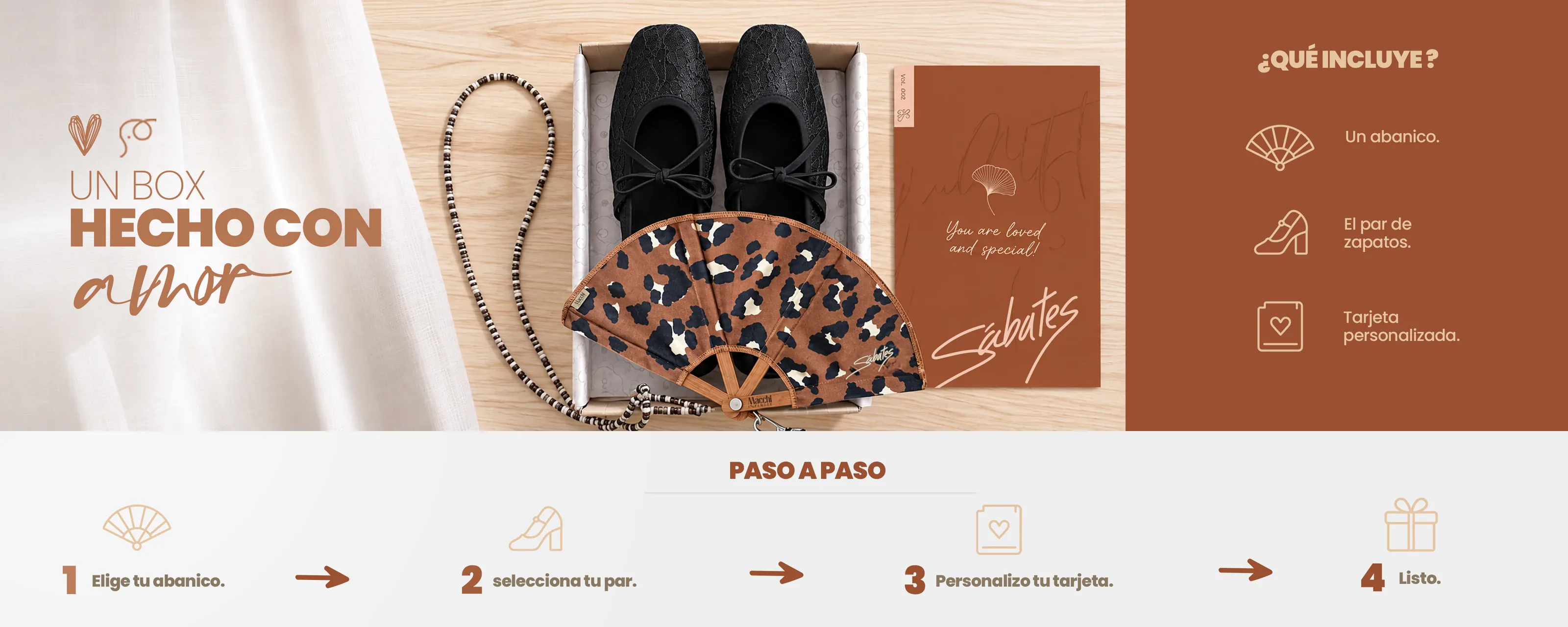 La Box de Amor y Amistad de Sabates: un abanico, el par de zapatos que elijas y una tarjeta personalizada